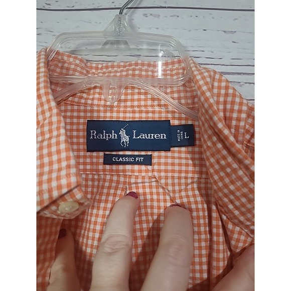 Ralph Lauren Orange Gingham Classic Fit Pocket Button Down Shirt Mens Size Large - Picture 4 of 4